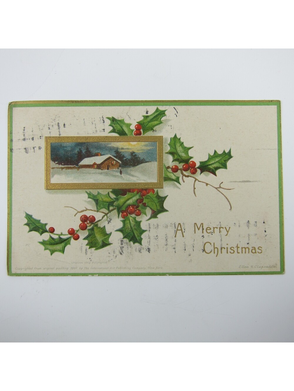 Christmas Postcard Snowy Cabin Holly Berries Clapsaddle Gold Embossed Antique
